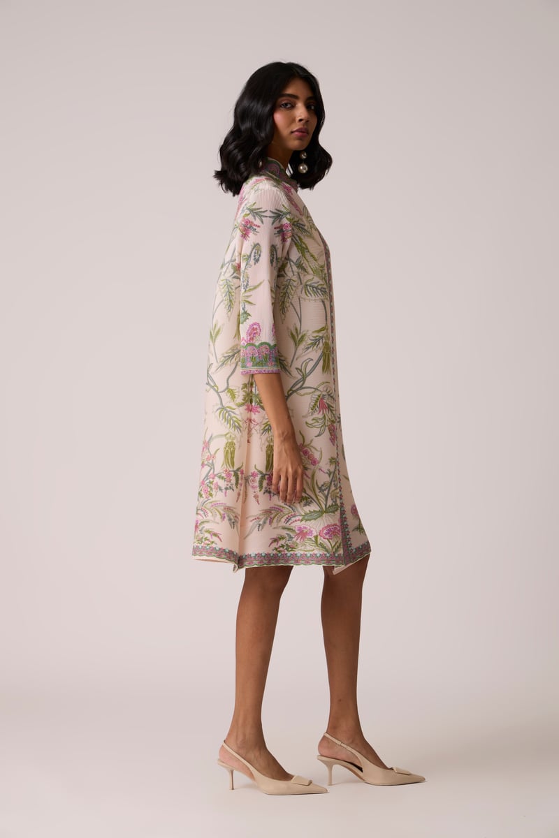 Blush Pink Floral Pleated Tunic Dress with Button Front