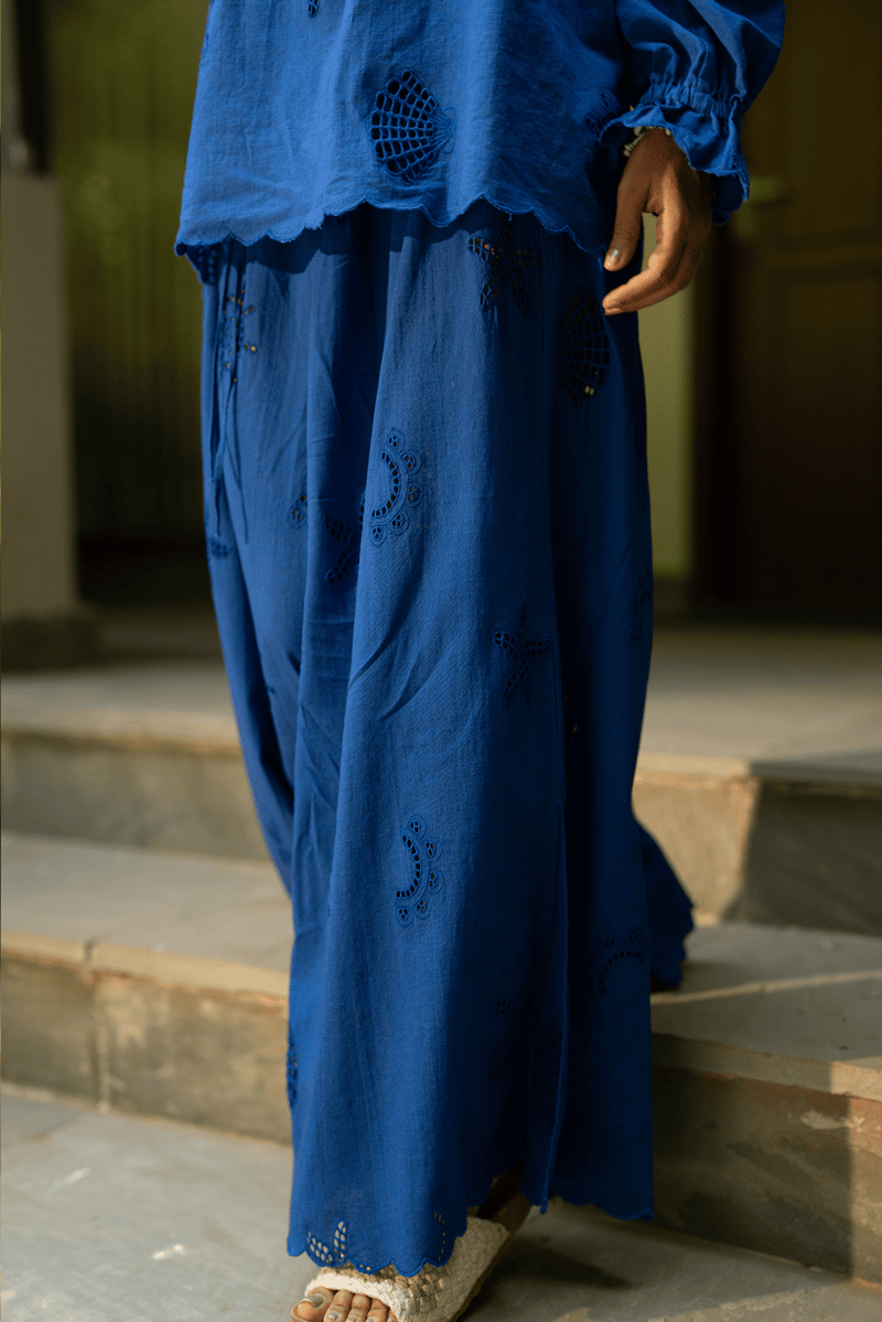 Blue Wide-Leg Cotton Cutwork Trousers with Drawstring Waist