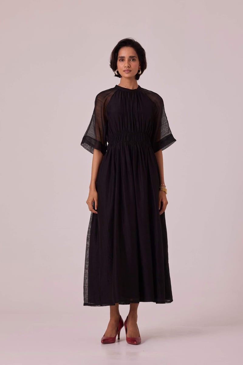 Black Handwoven Chanderi Maxi Dress with Ruched Waist