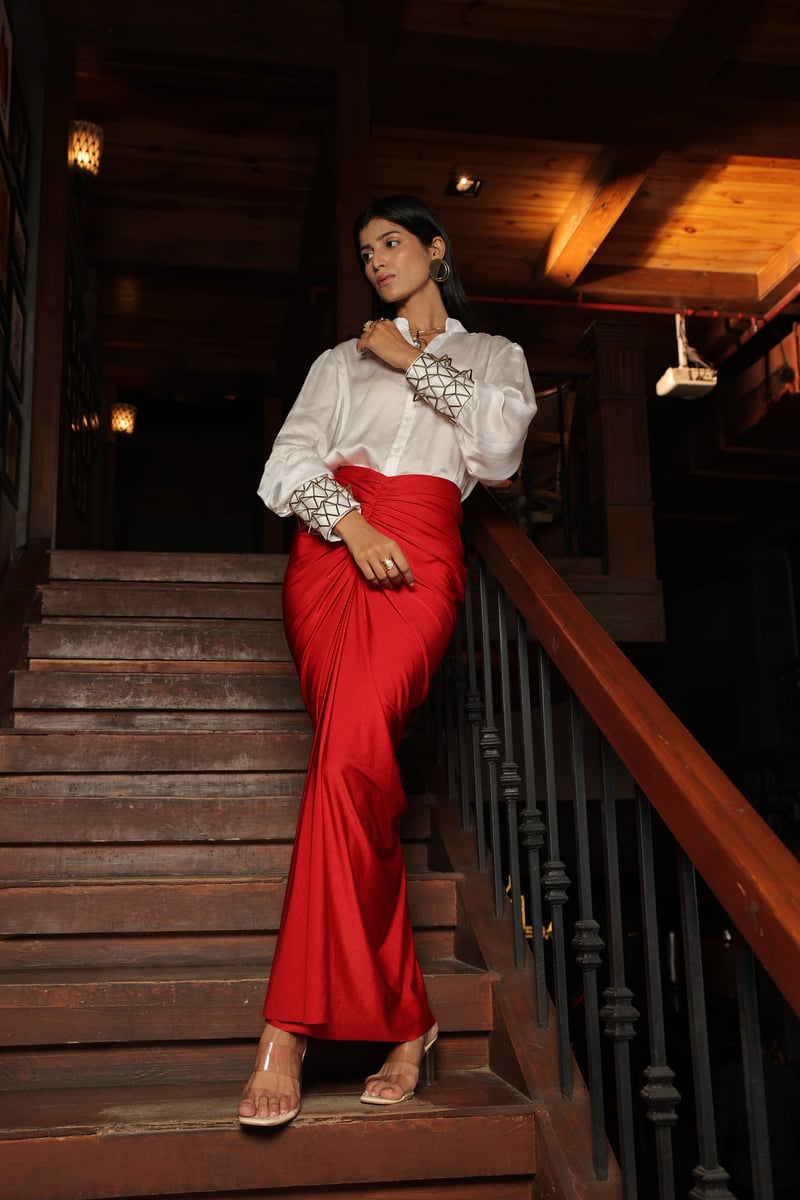 White Shirt and Red Midi Skirt Co-ord Set