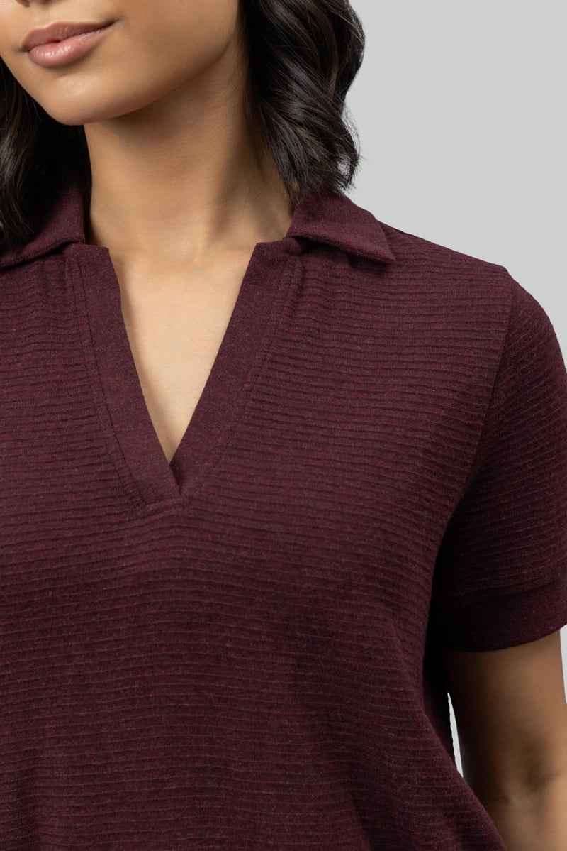 Burgundy Ottoman Rib Cropped Polo Top