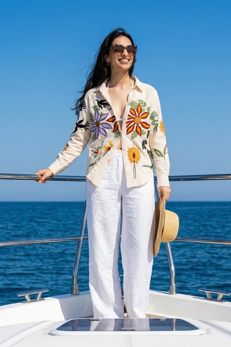 Beige Cotton Poplin Embroidered Button-Down Shirt