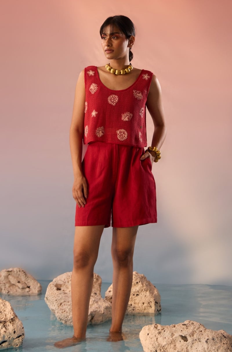 Red Mesh Crop Top with Sea Motif Patches and Inner Top