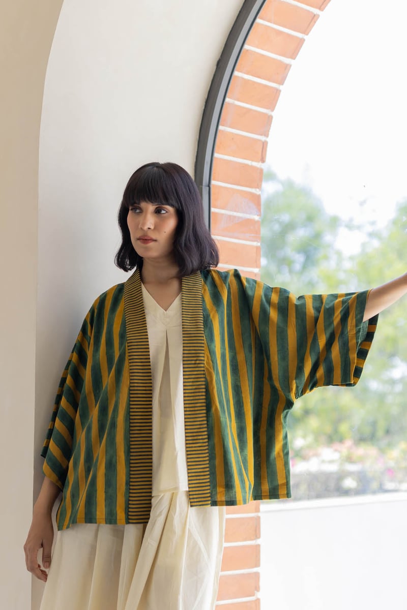 Moss Leaf Cotton Striped Open-Front Cape Shrug
