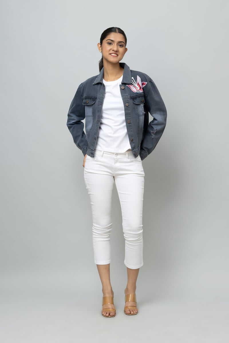 Smoke Grey Denim Jacket with Oversized Floral Applique