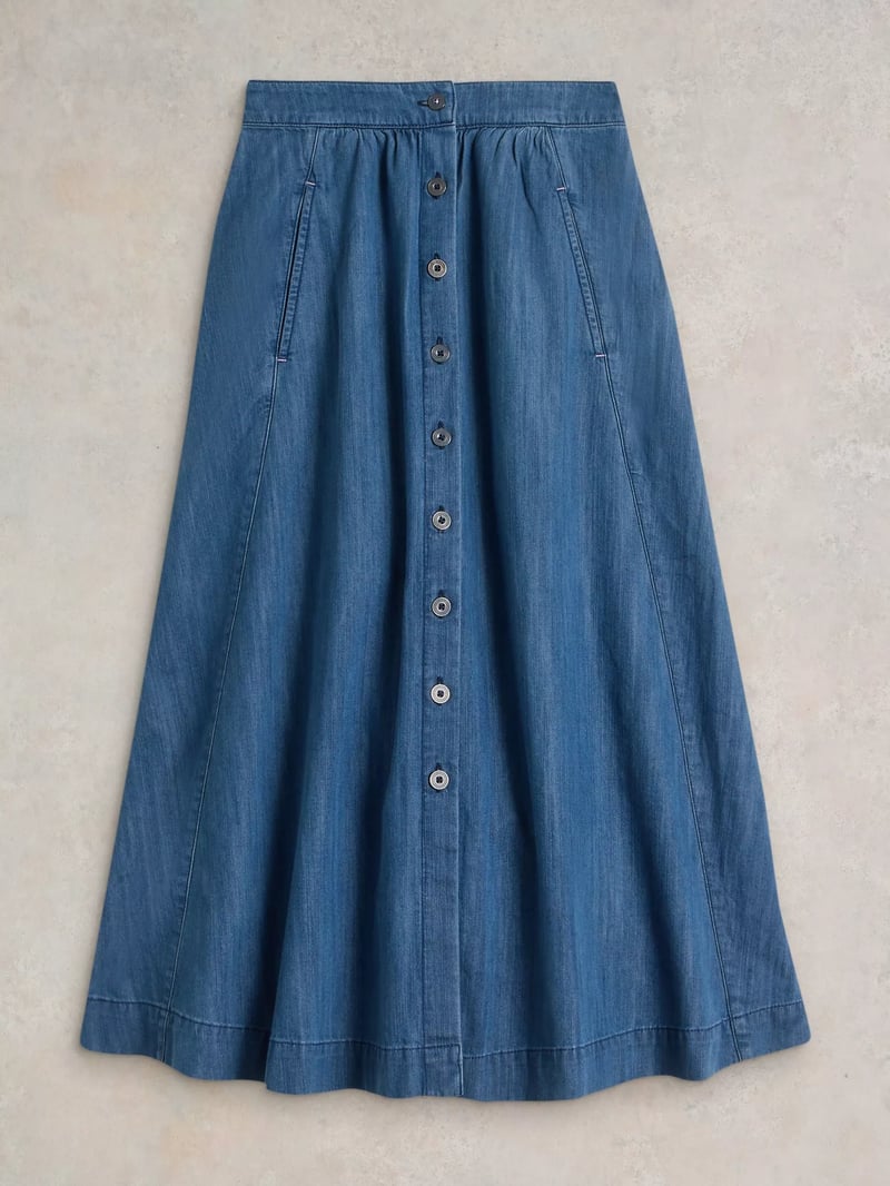 Mid Denim Button-Through A-Line Midi Skirt with Pockets