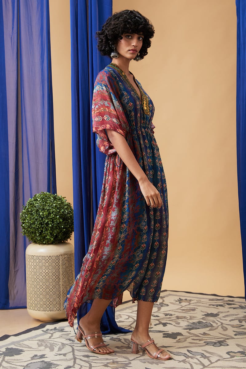 Beige Printed Chiffon Kurta Set with Embellished V-Neck