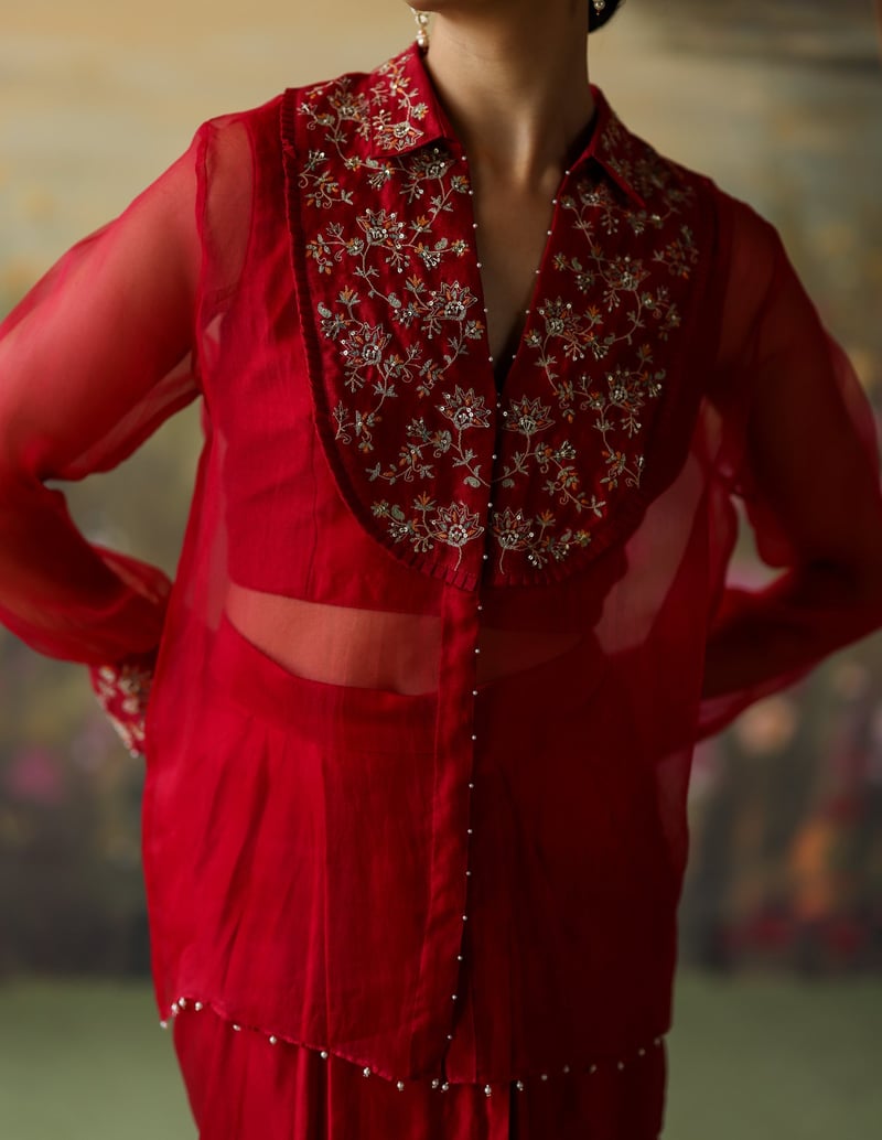 Scarlet Embroidered Organza Shirt and Draped Skirt Co-ord Set