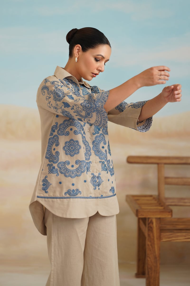 Beige Cotton Linen Embroidered Shirt and Pants Co-ord Set