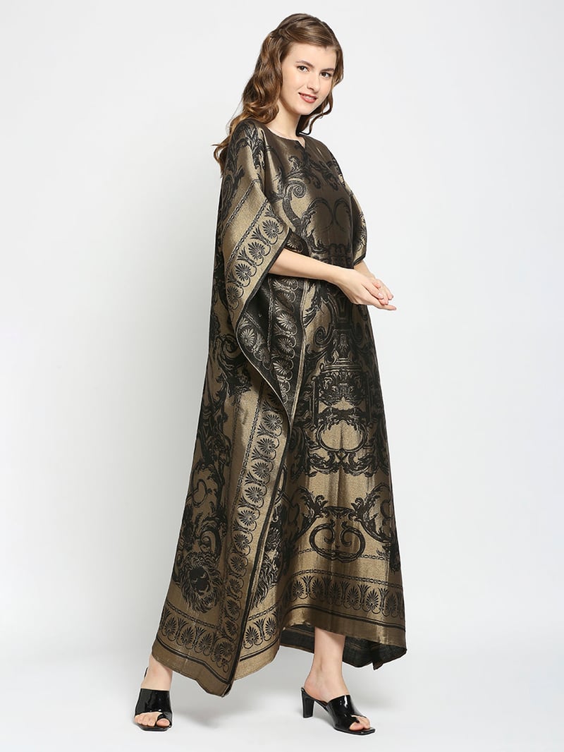 Black and Gold Metallic Brocade Motif Long Kaftan