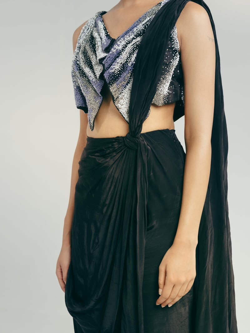 Black Embellished Bustier and Draped Saree Skirt Co-ord Set
