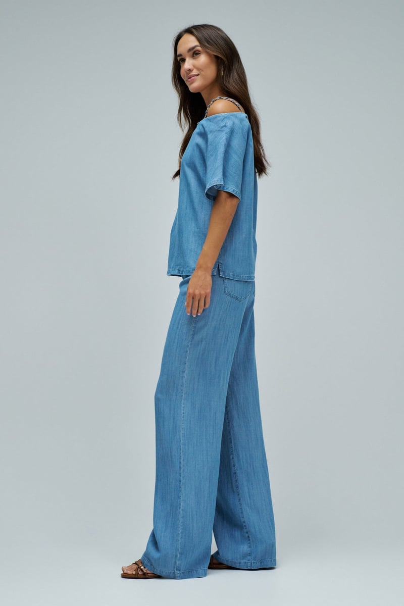 Light Wash Boat Neck Lyocell Top with Chain Straps