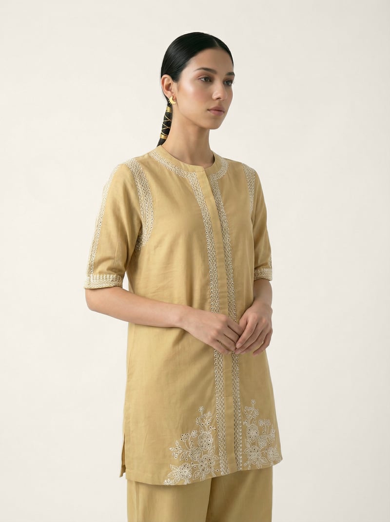 Beige Schiffli Embroidered Kurta and Pants Co-ord Set