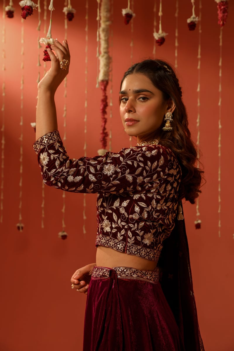 Maroon Velvet Embroidered Lehenga Set With Dupatta