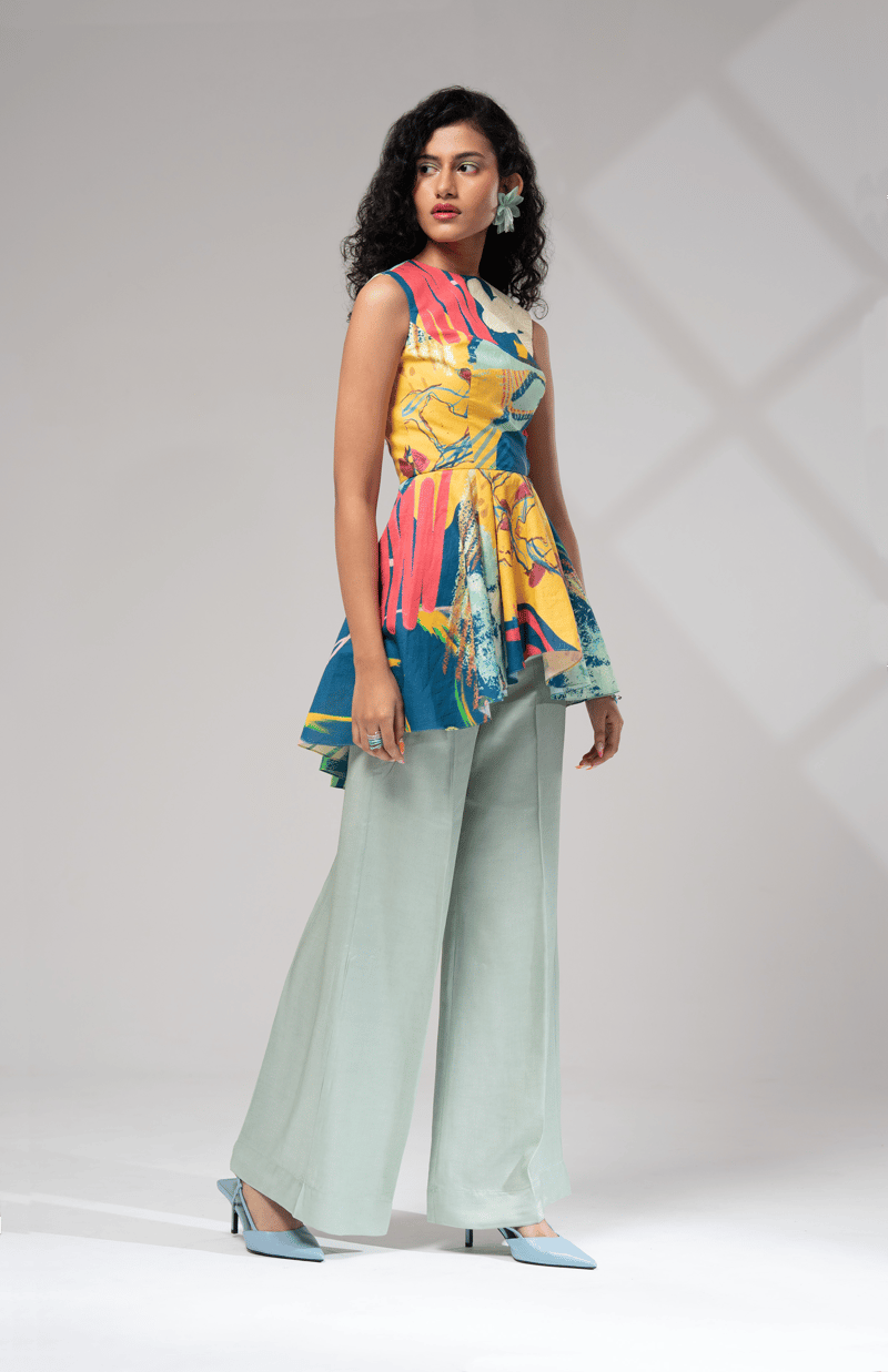 Multicolor Abstract Printed Cotton Linen Peplum Top