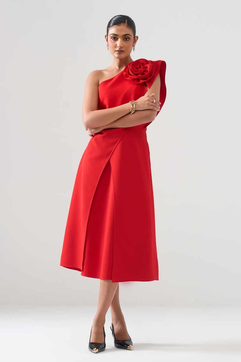 Red One-Shoulder Midi Dress with Rosette Detail