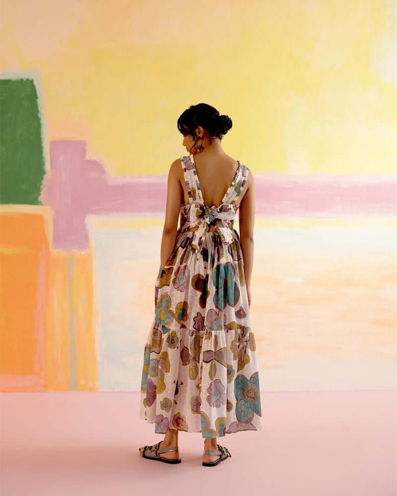 Multicolor Printed Cotton Poplin Tie-Back Tiered Maxi Dress