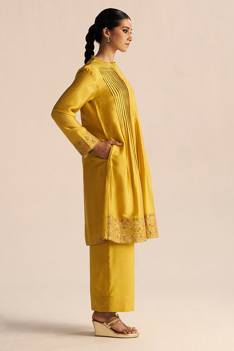 Bamboo Yellow A-Line Kurta Set with Zari Border
