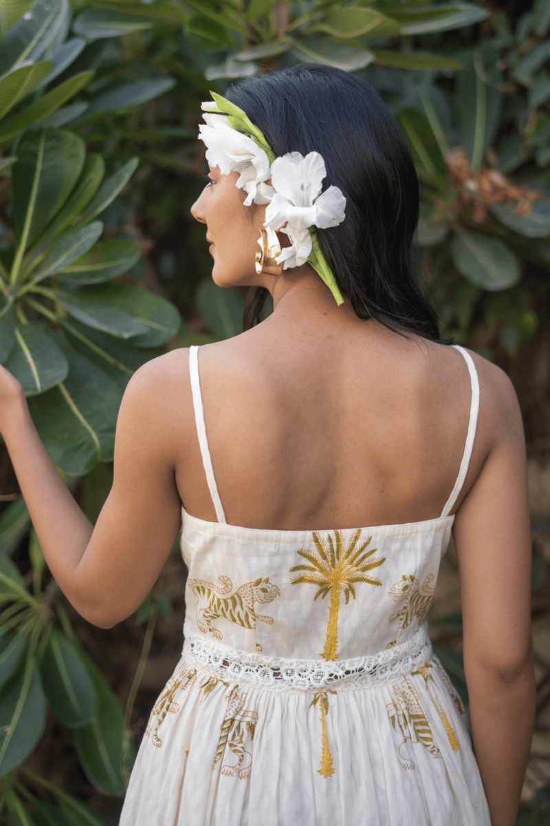 Off-White Printed Tiered Maxi Dress with Crochet Waist