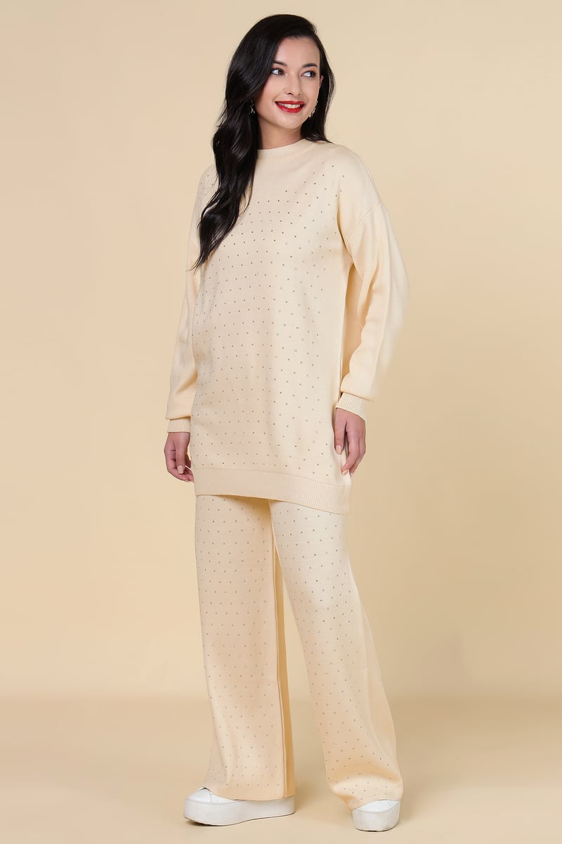 Ivory Embellished Knit Co-ord Set with Wide-Leg Pants
