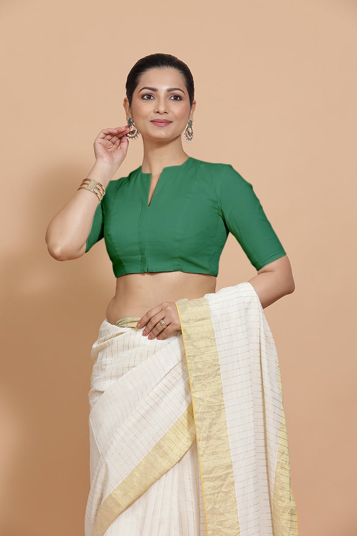 Castleton Green Cotton Saree Blouse with Elbow Sleeves