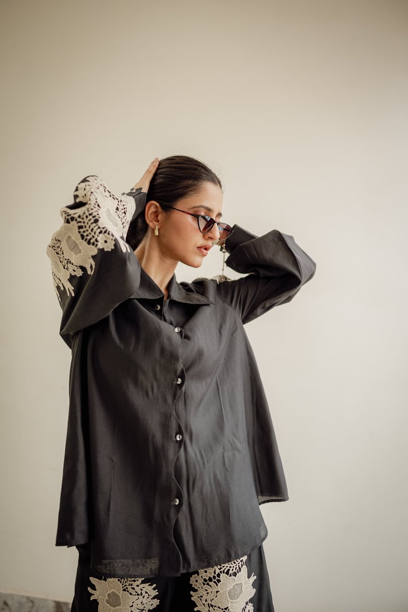Dark Grey Lace Detail Shirt and Flared Pants Co-ord Set
