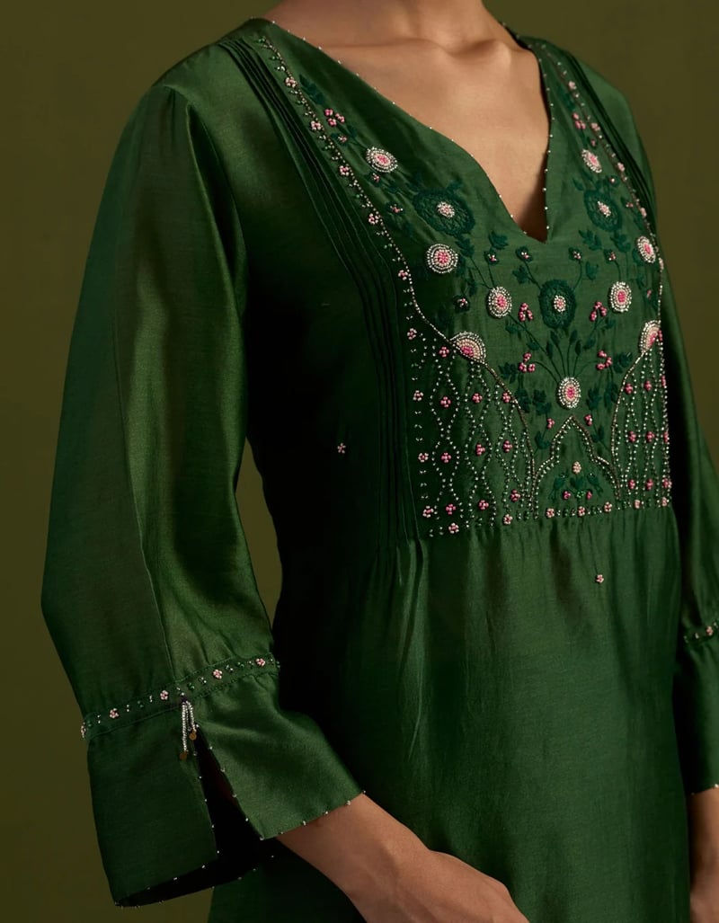 Bottle Green Chanderi Embellished Yoke Kurta Set