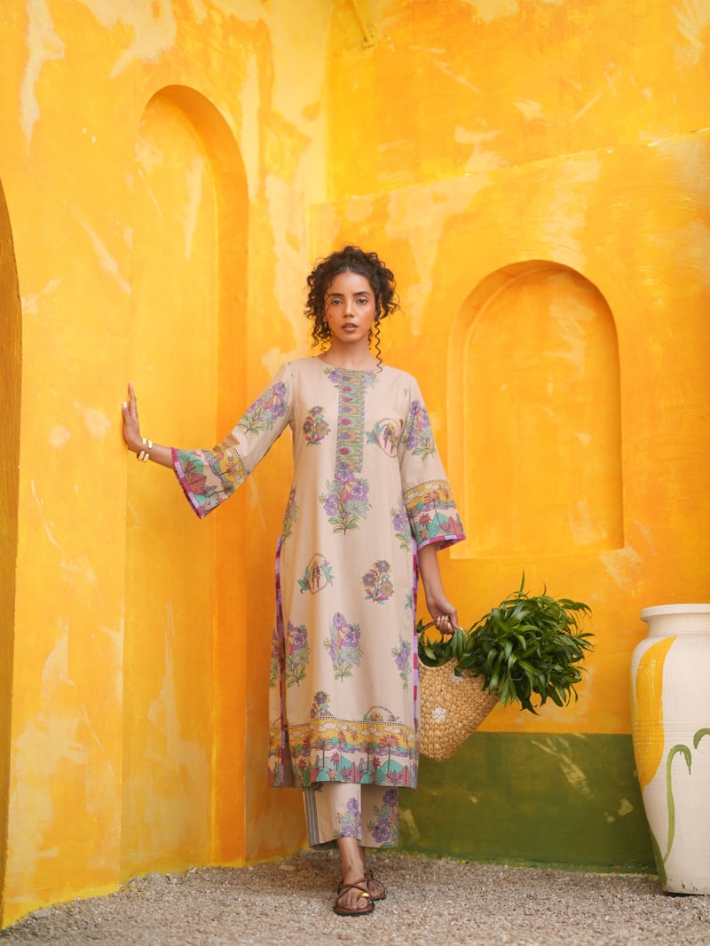 Dusty Lilac Tropical Printed Straight Long Kurta Set