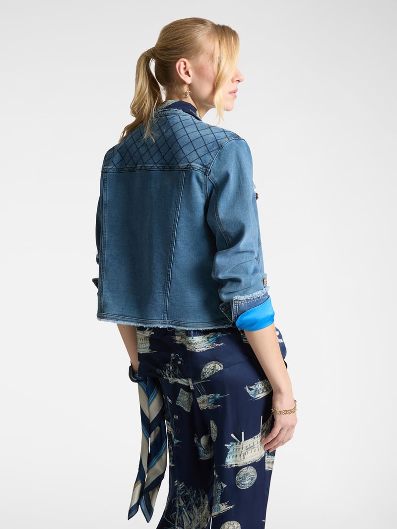 Blue Denim Jacket with Embroidered Yoke and Jewel Buttons
