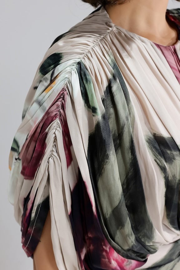 Beige Floral Draped Maxi Gown with Contrast Panel