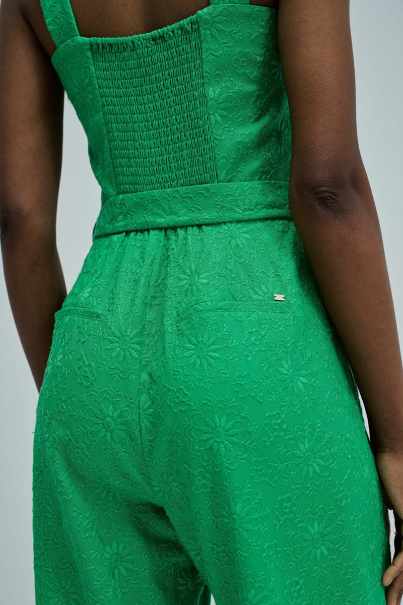 Medium Green Embroidered Belted Cropped Jumpsuit