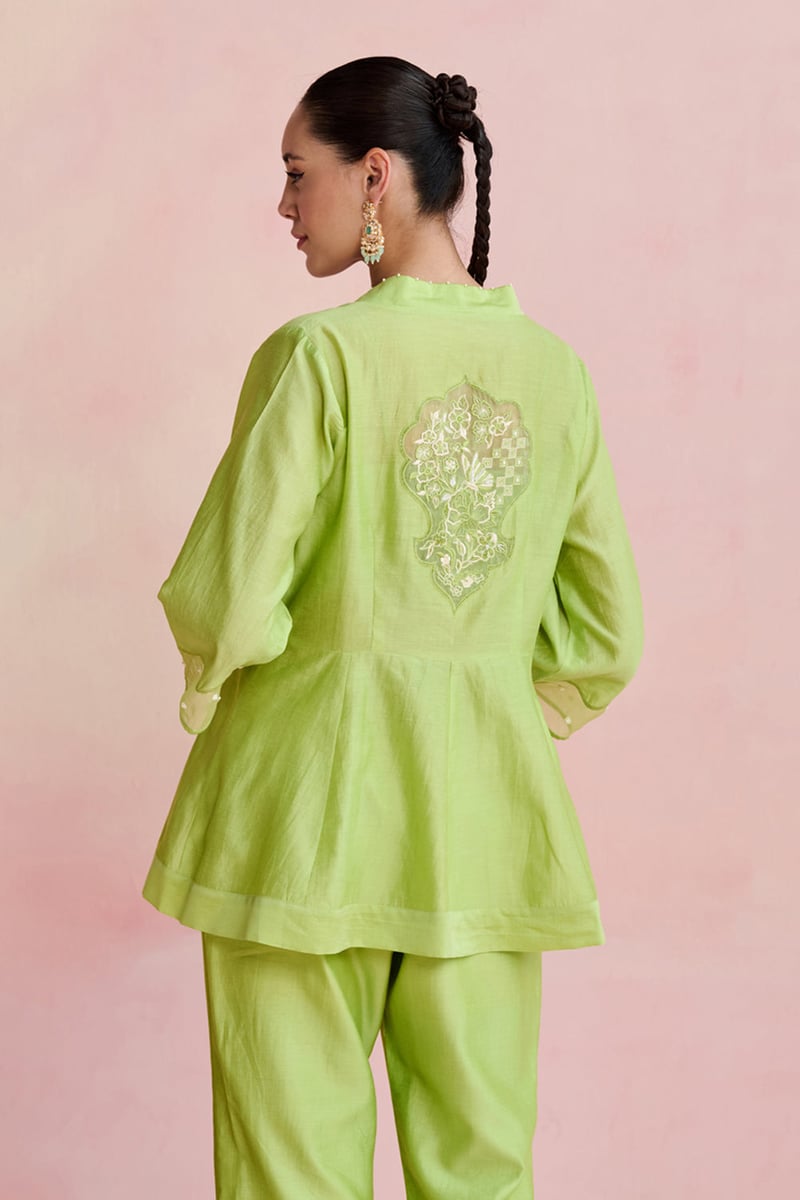 Bright Green Chanderi Embroidered Kurta Set (3-Piece)