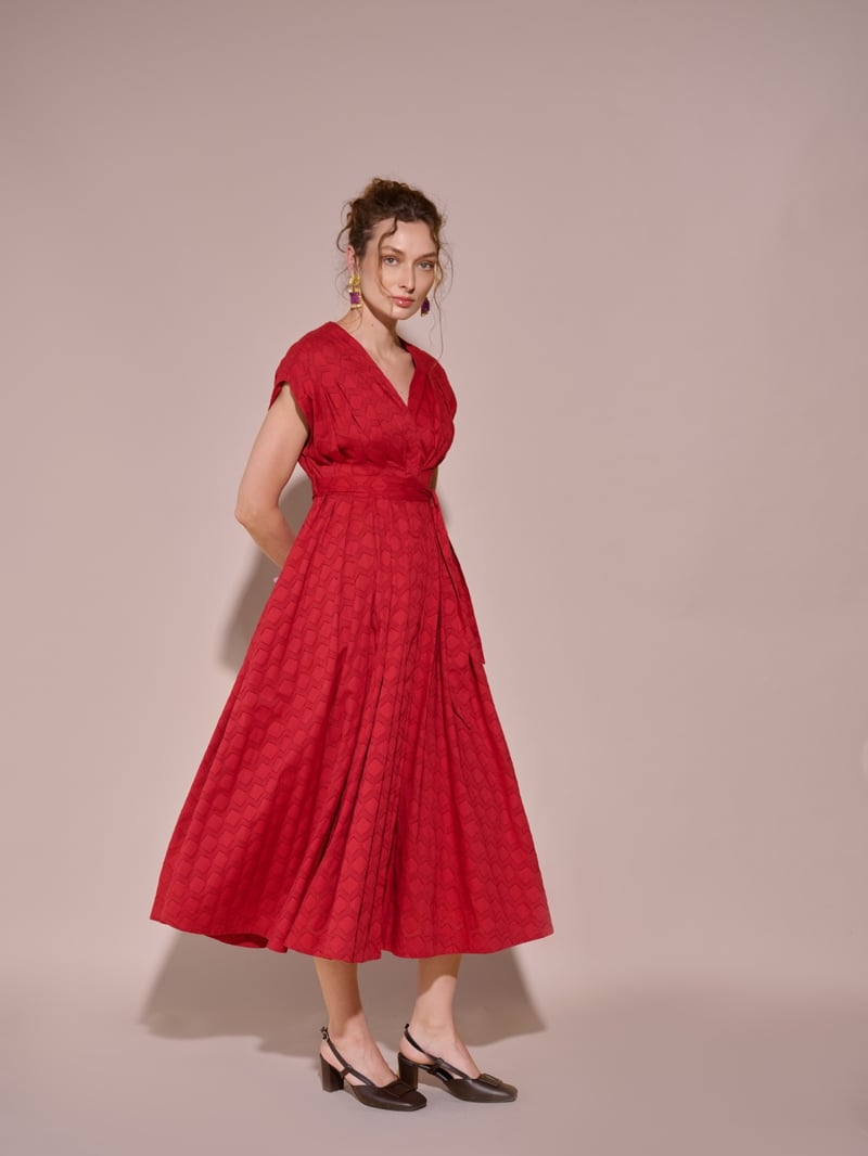 Red Textured Fit and Flare Midi Dress with Waist Sash