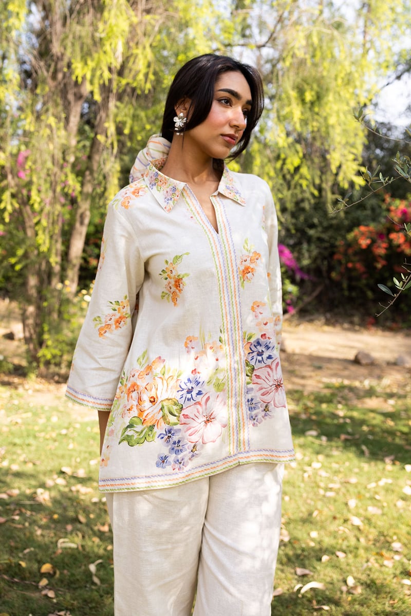 Cream Linen Floral Shirt and Trouser Co-ord Set