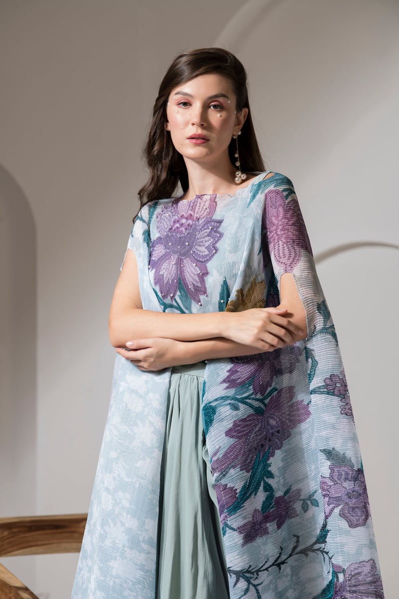 Blue Floral Kaftan and Dhoti Co-ord Set