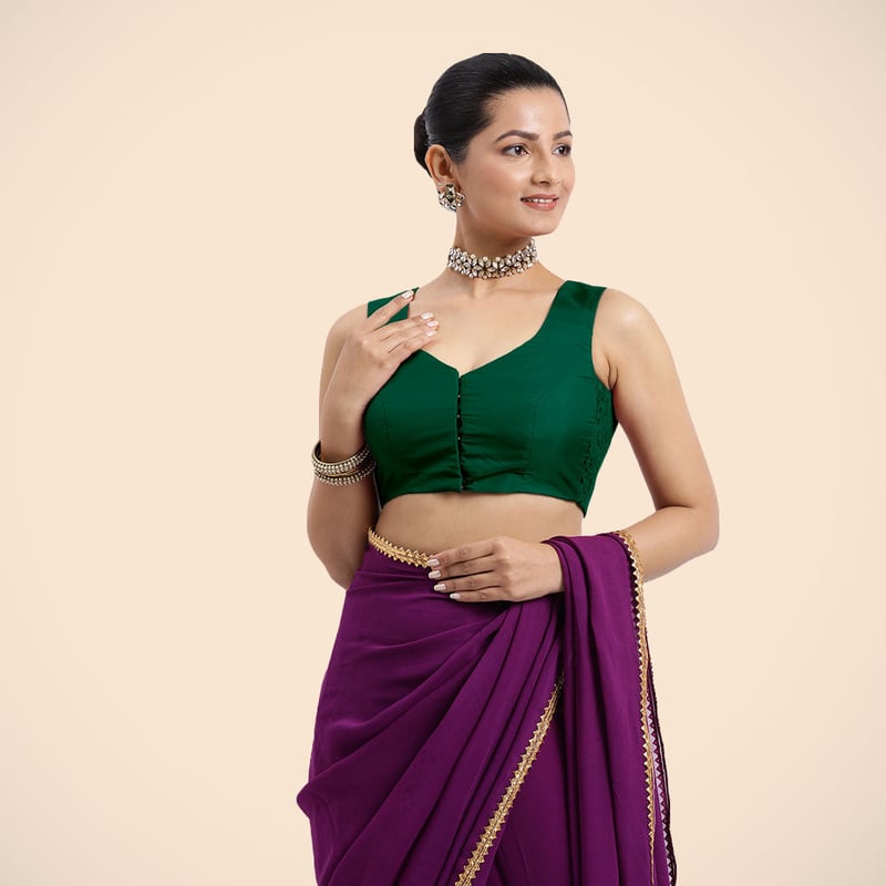Bottle Green Sleeveless V-Neck Front Open Saree Blouse