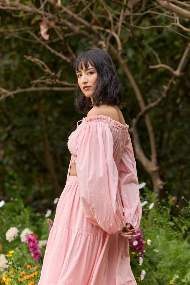 Pink Off-Shoulder Crop Top and Tiered Maxi Skirt Co-ord Set