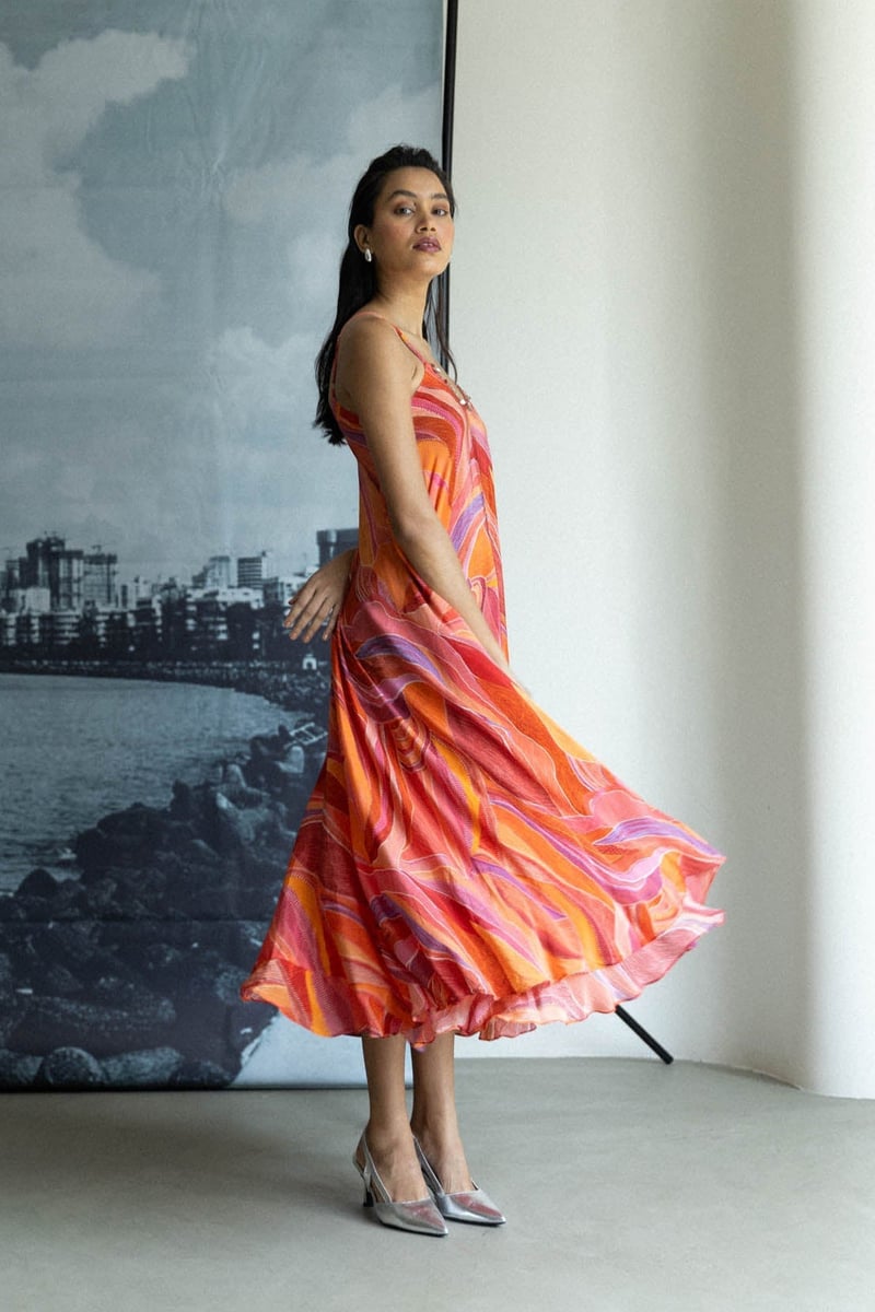 Orange Multicolor Printed Strappy A-Line Midi Dress Set