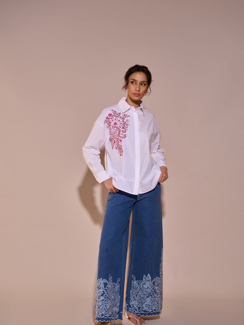 White Cotton Embroidered Button-Down Shirt