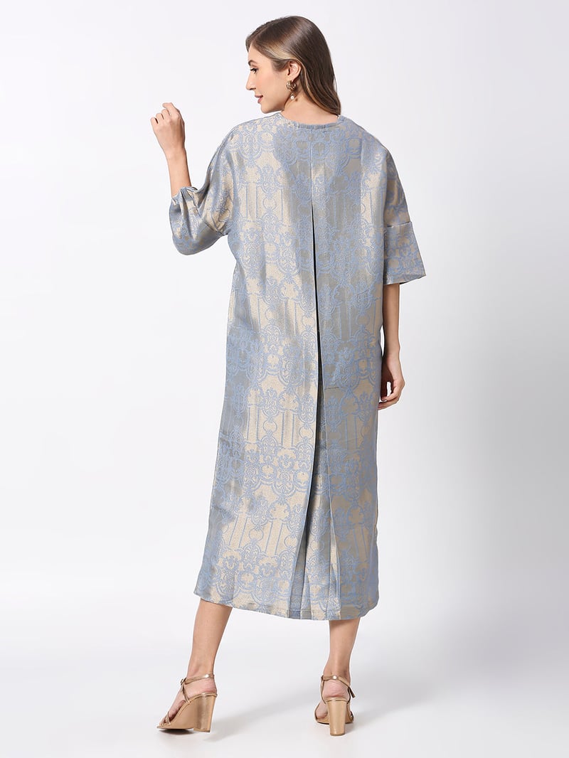 Blue Metallic Brocade Tunic Midi Dress