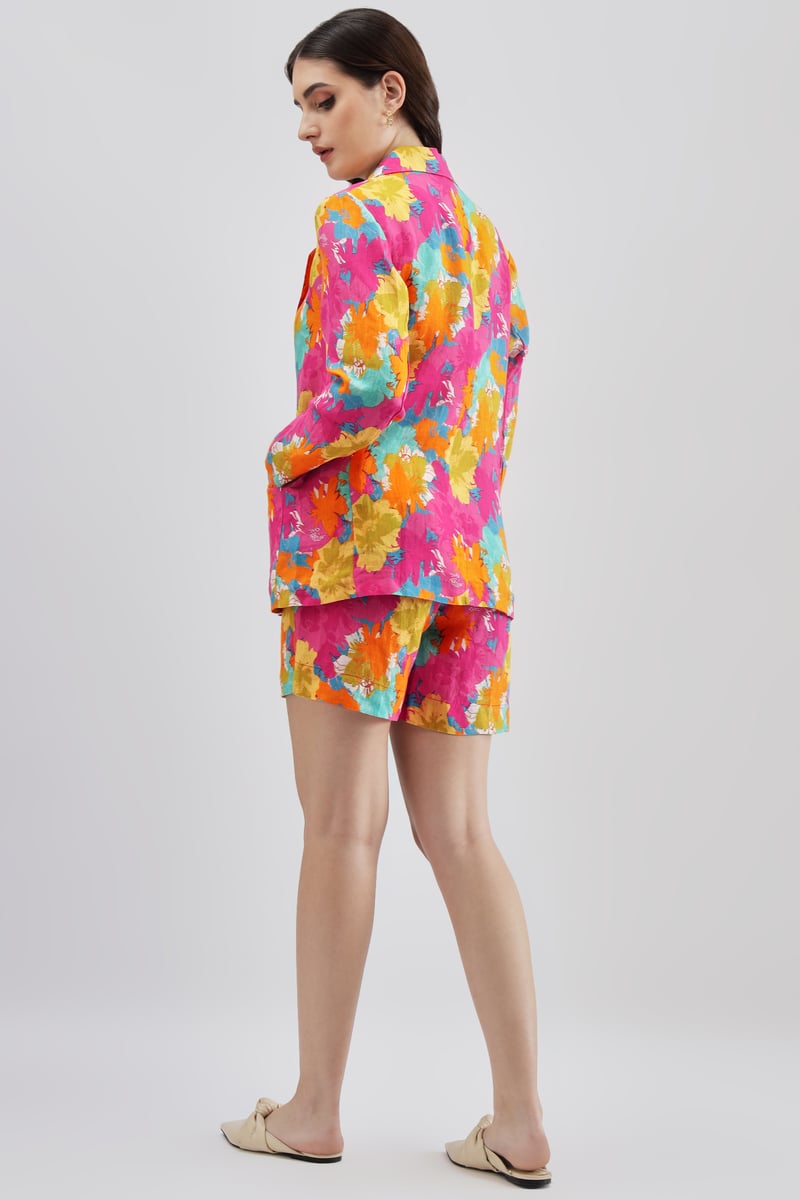 Fuschia Floral Printed Linen Blazer with Notched Lapels