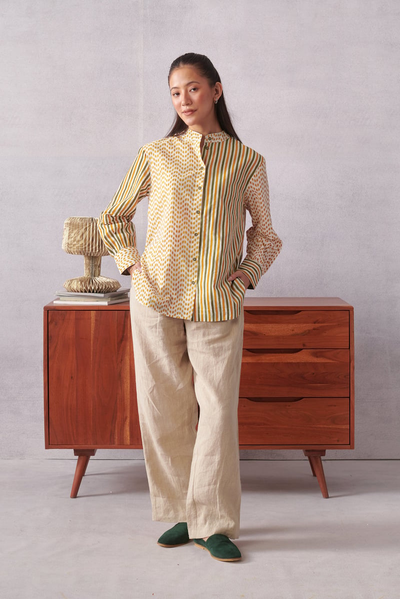 Multicolor Cotton Striped and Geometric Mandarin Collar Shirt