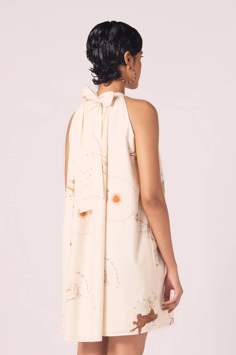 Beige Zodiac Print Halter Mini Dress with Bow-Tie Back