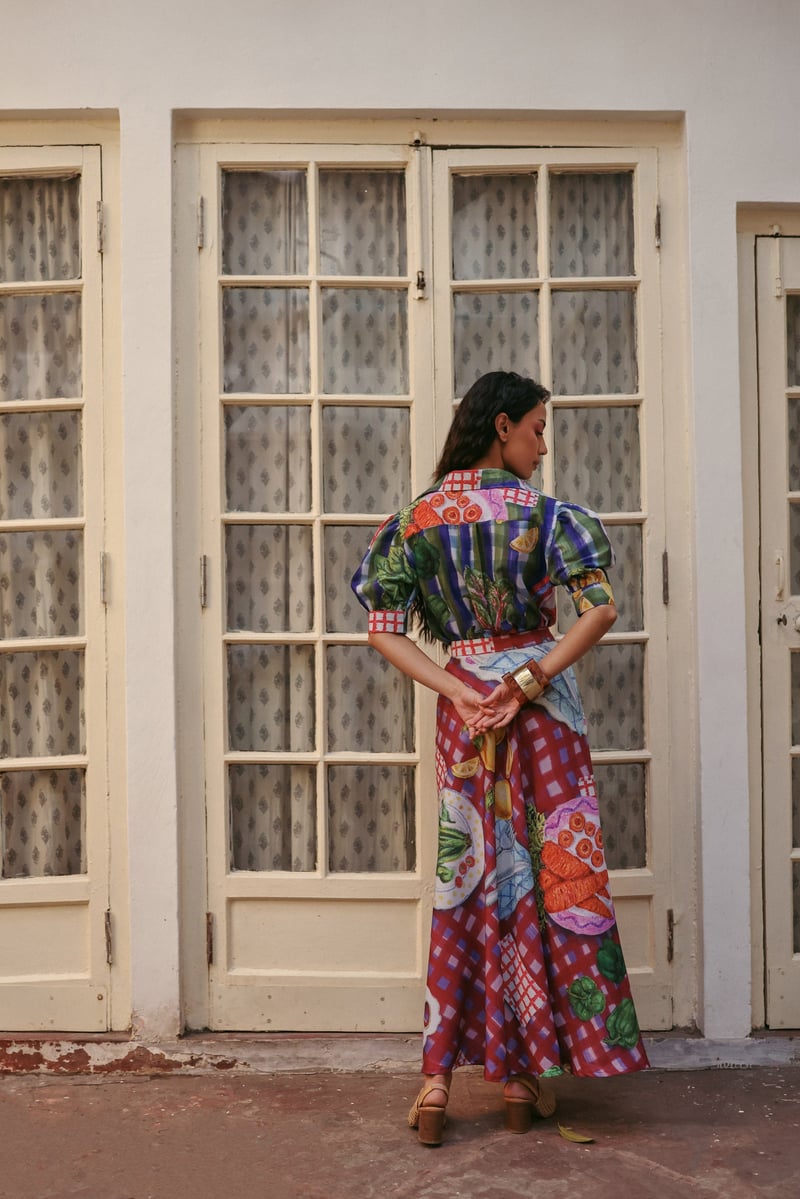 Multicolor Printed Linen Wrap Maxi Skirt