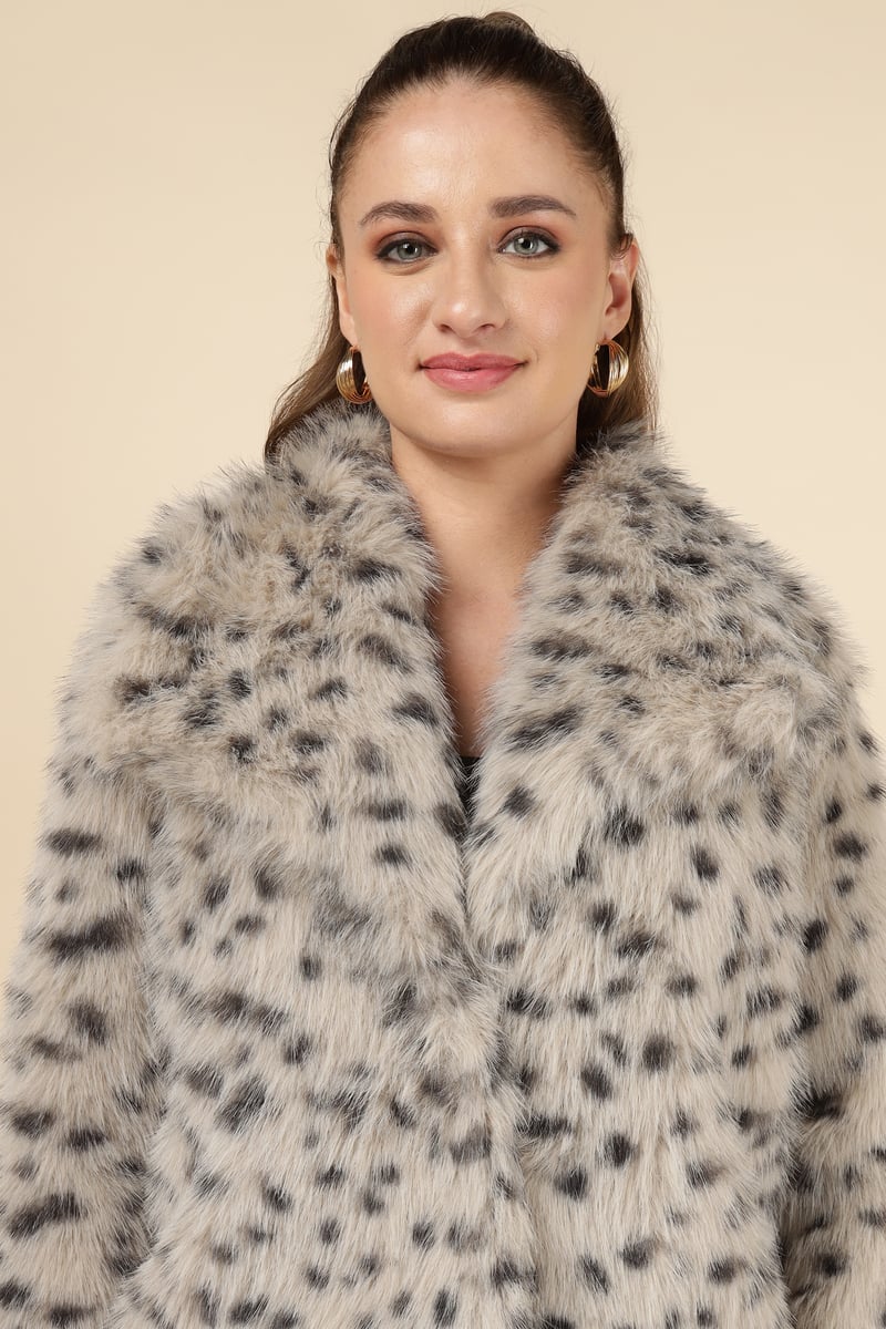 Beige Leopard Faux-Fur Cropped Jacket