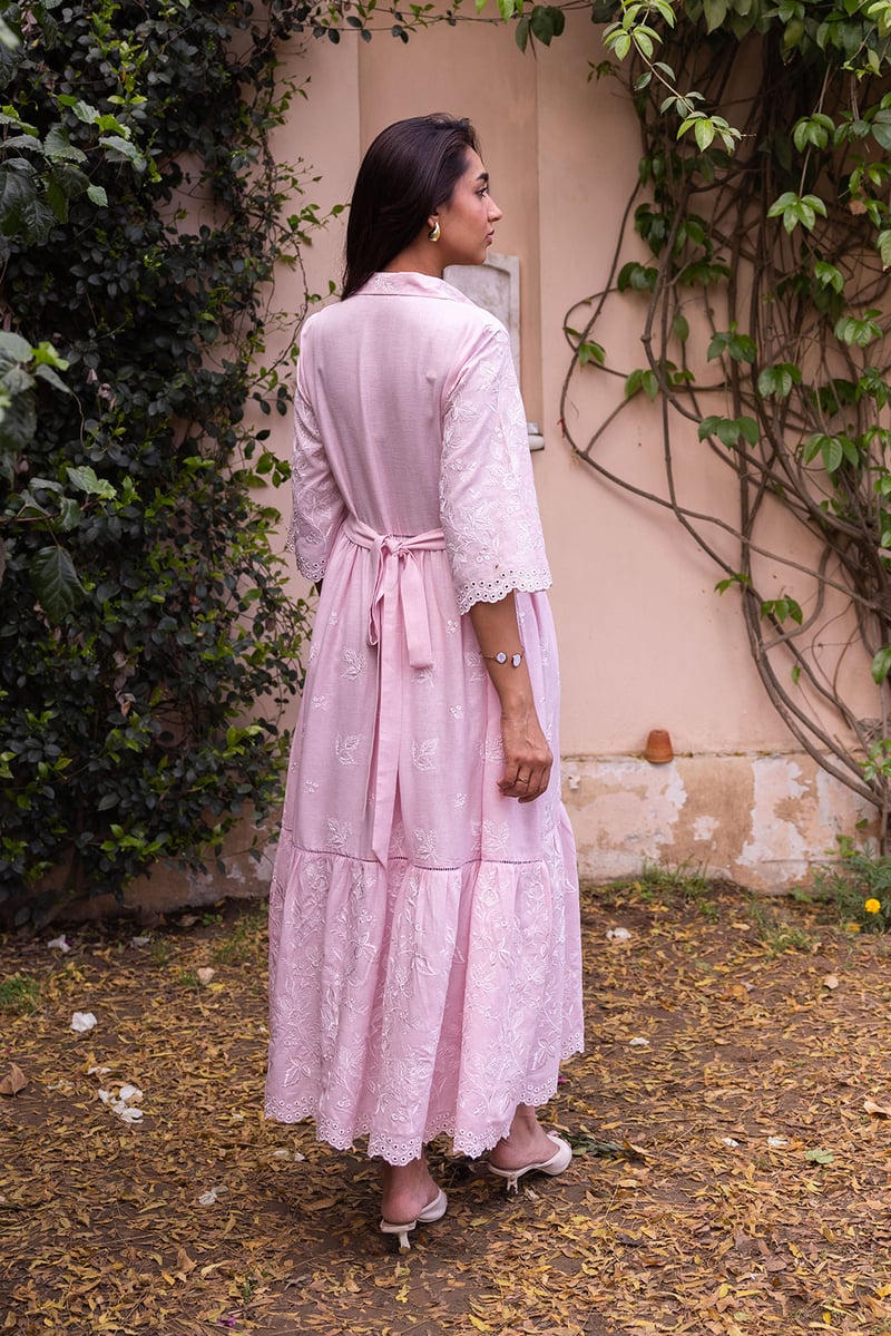 Pink Linen Cotton Embroidered Tiered Maxi Shirt Dress