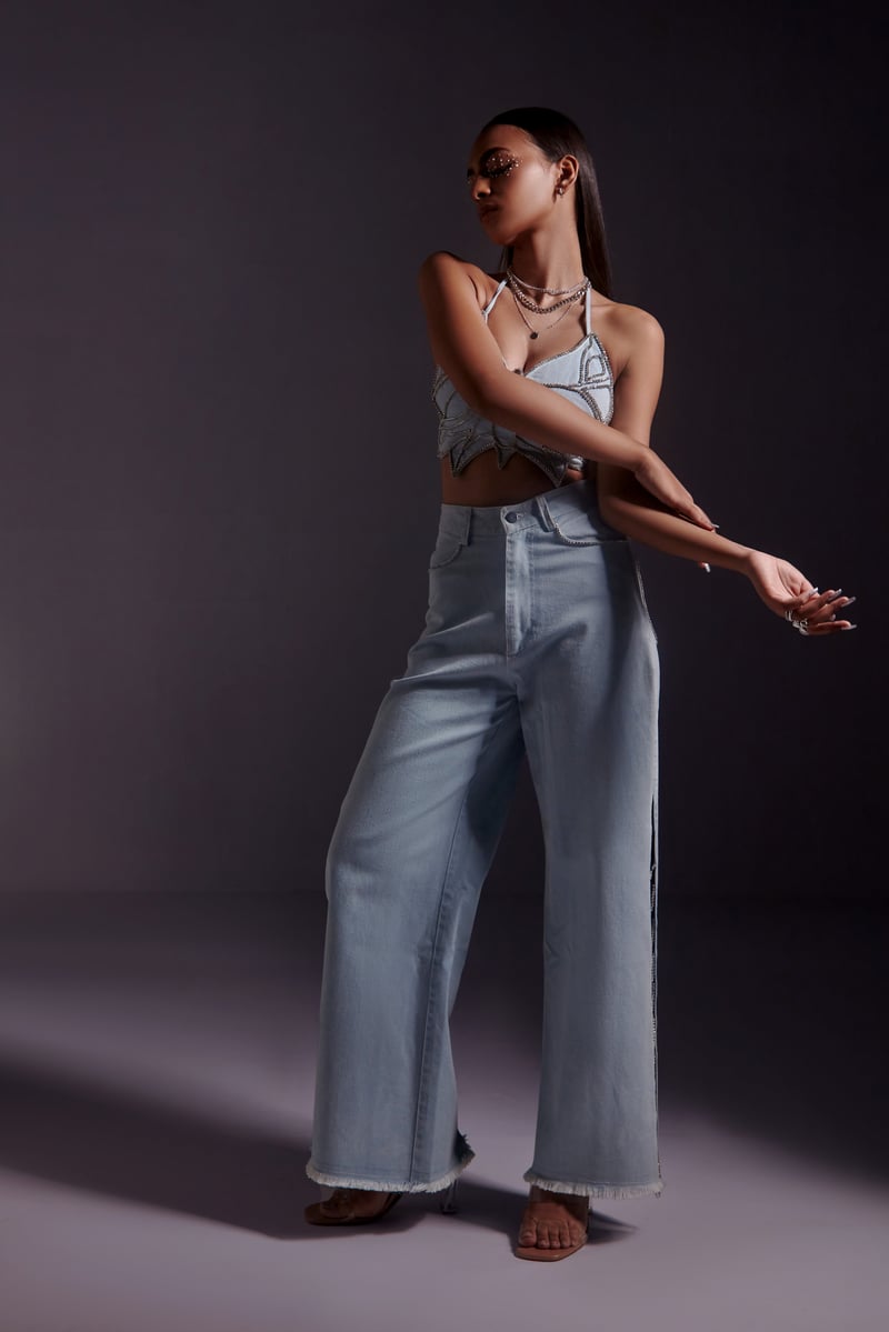 Blue Wide-Leg High-Waist Jeans with Rhinestone Side Slit