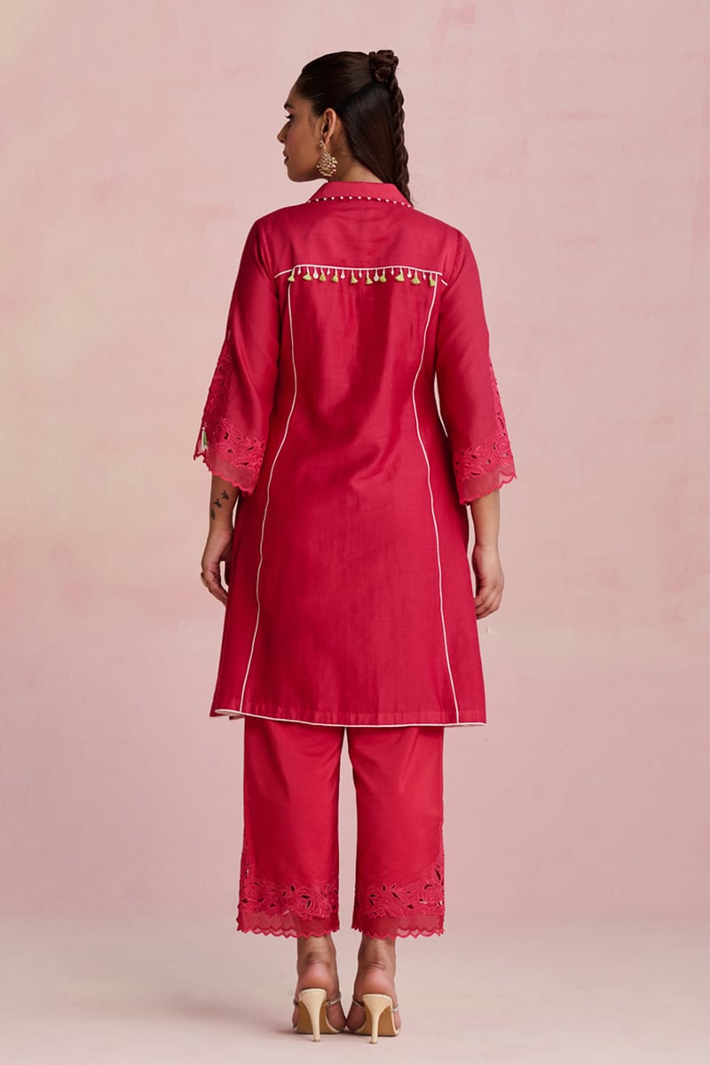 Red Chanderi Embroidered A-Line Kurta Set with Pants