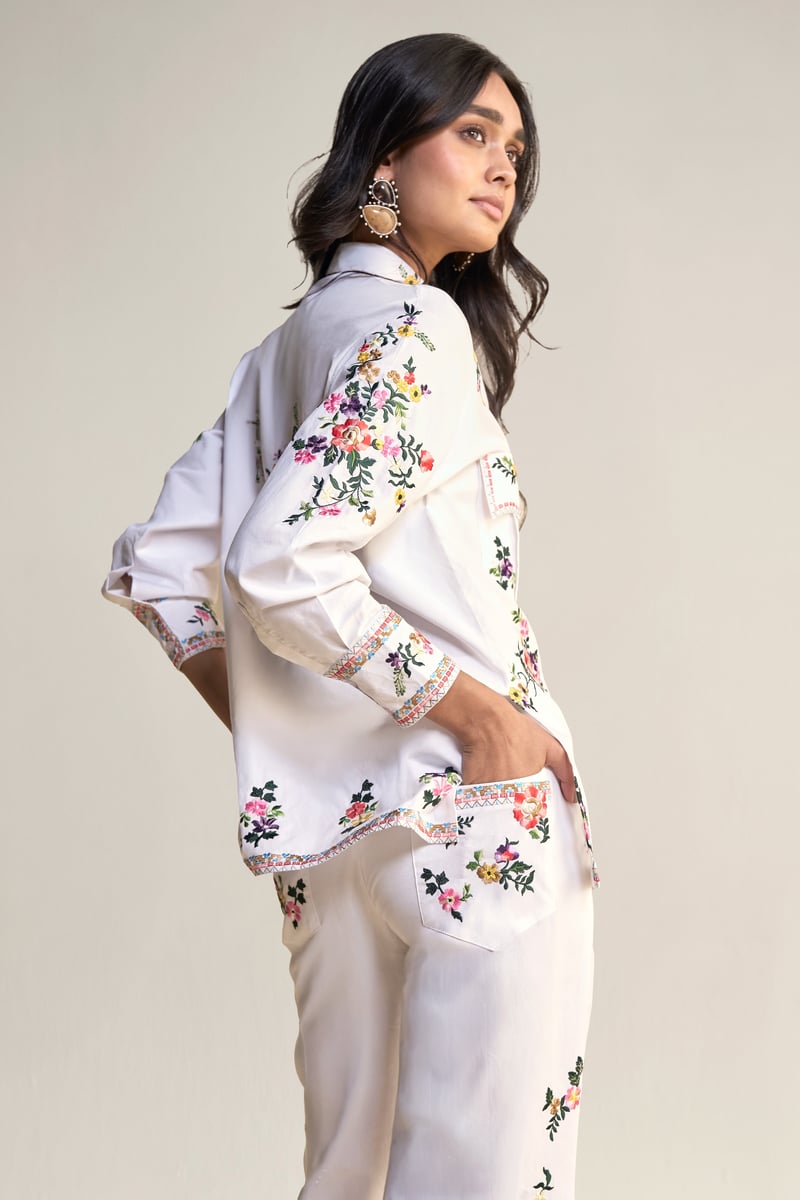 Multi Floral Embroidered Organic Cotton Poplin Shirt