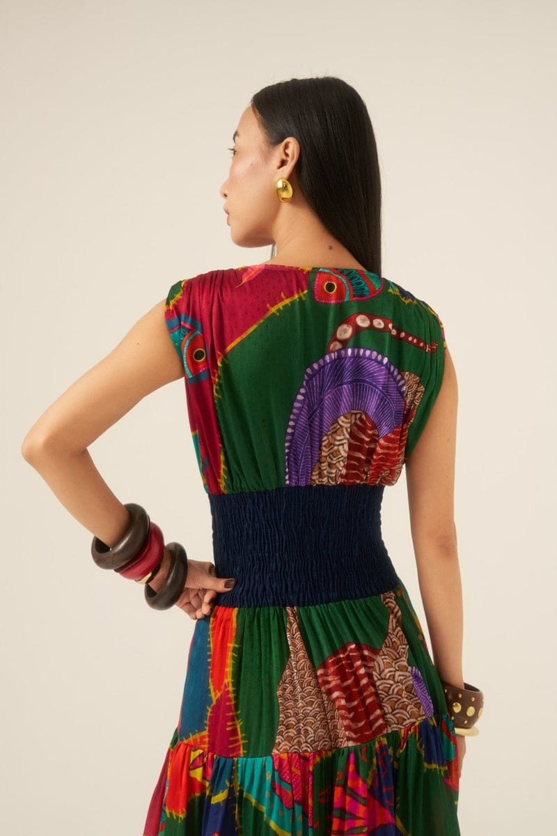 Multicolor Abstract Printed Tiered Smocked Waist Maxi Dress